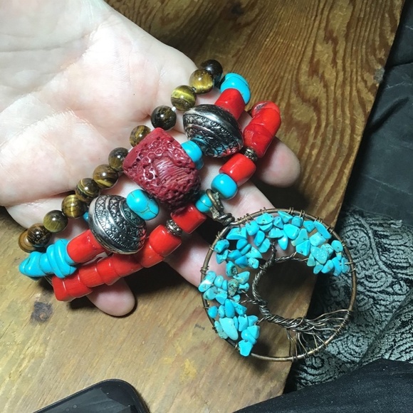 Handmade turquoise , coral hand wrapped bohemian three layer statement bracelet - Picture 2 of 9